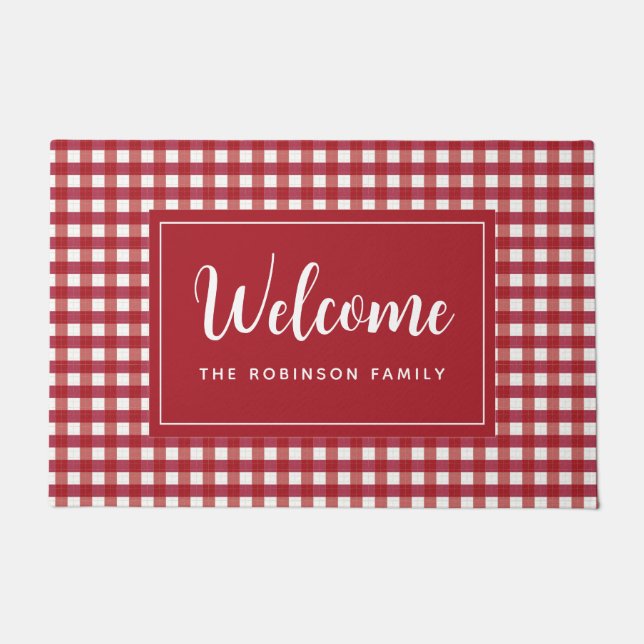 Red White Plaid Personalised Monogram Welcome Doormat (Front)