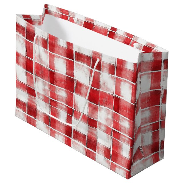 Red White Plaid Stripes Birthday Large Gift Bag (Front Angled)