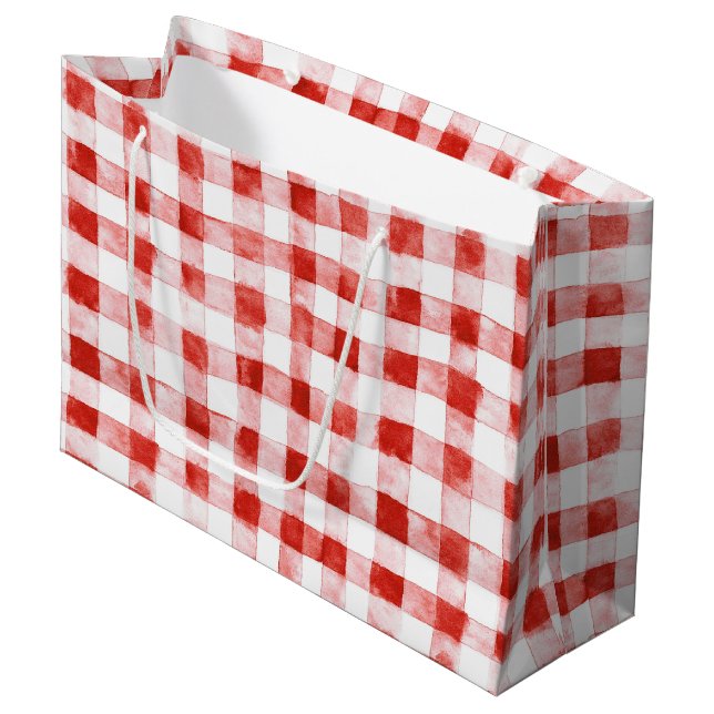 Red White Plaid Stripes Birthday Large Gift Bag (Front Angled)
