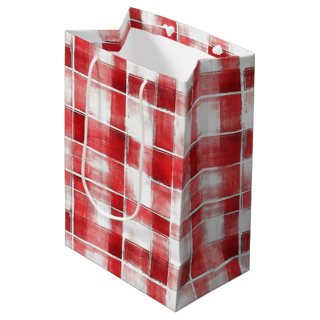 Red White Plaid Stripes Birthday Medium Gift Bag (Front Angled)