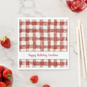 Red White Plaid Stripes Birthday Napkin