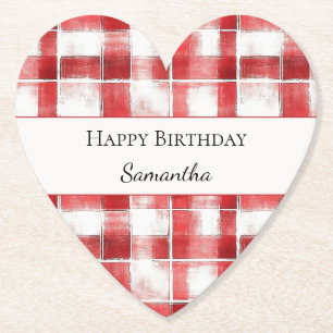 Red White Plaid Stripes Birthday Paper Coaster