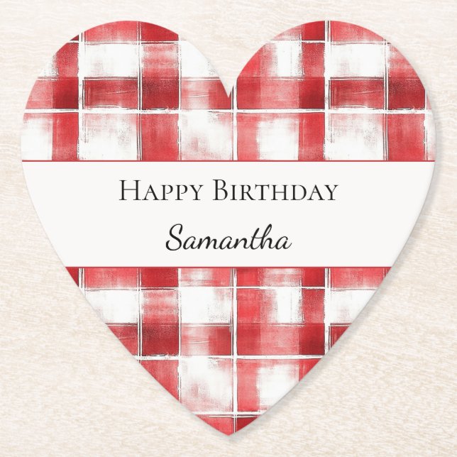 Red White Plaid Stripes Birthday   Paper Coaster (Front)