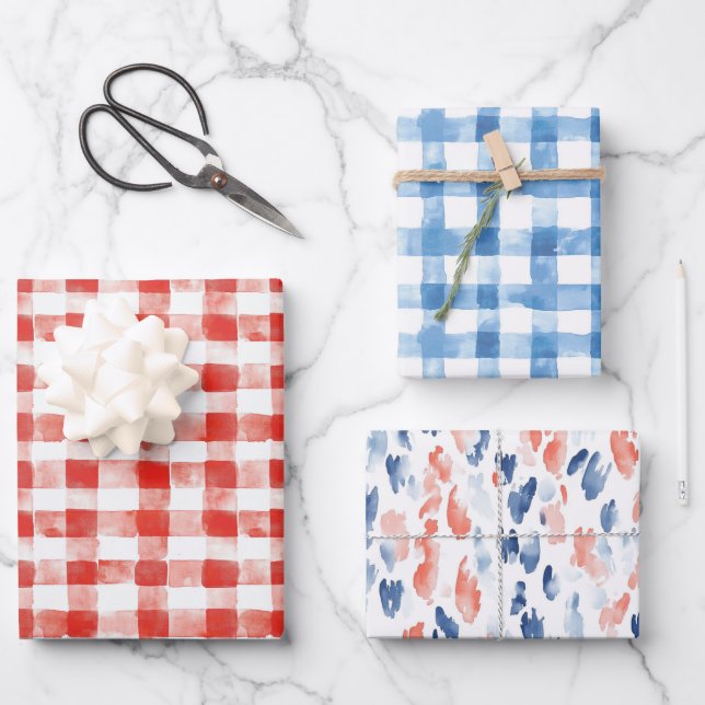 Red White Plaid Stripes Birthday Wrapping Paper Sheet (Front)