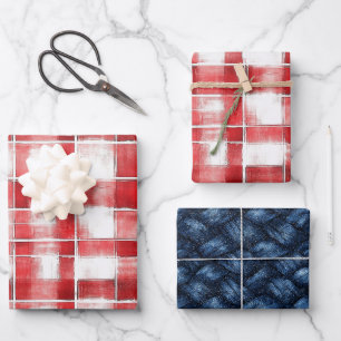 Red White Plaid Stripes Birthday Wrapping Paper Sheet