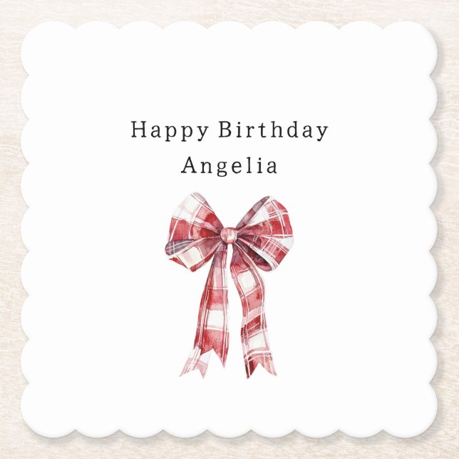 Red White Plaid Stripes Bow Birthday Paper Coaster (Front)