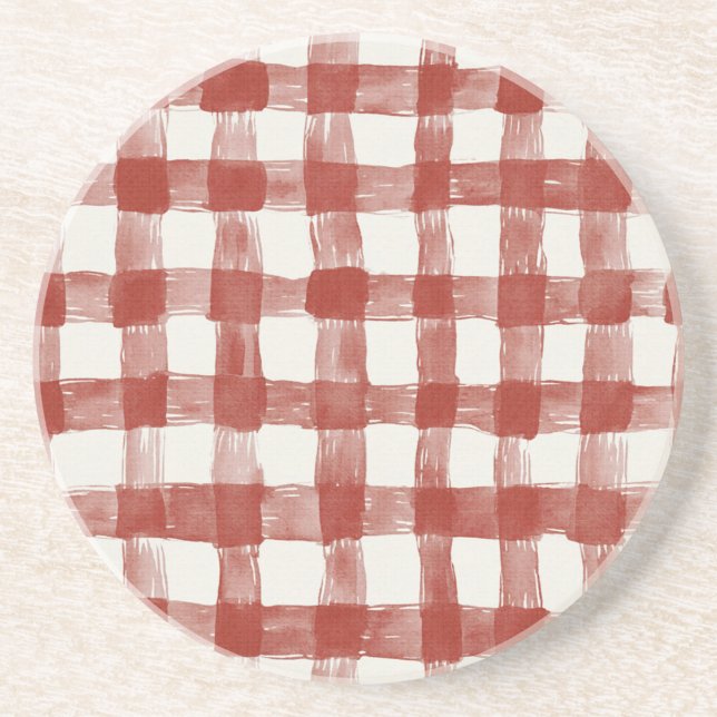 Red White Plaid Stripes Coaster (Front)