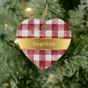 Red White Plaid Stripes Gold Ribbon Christmas Ceramic Tree Decoration