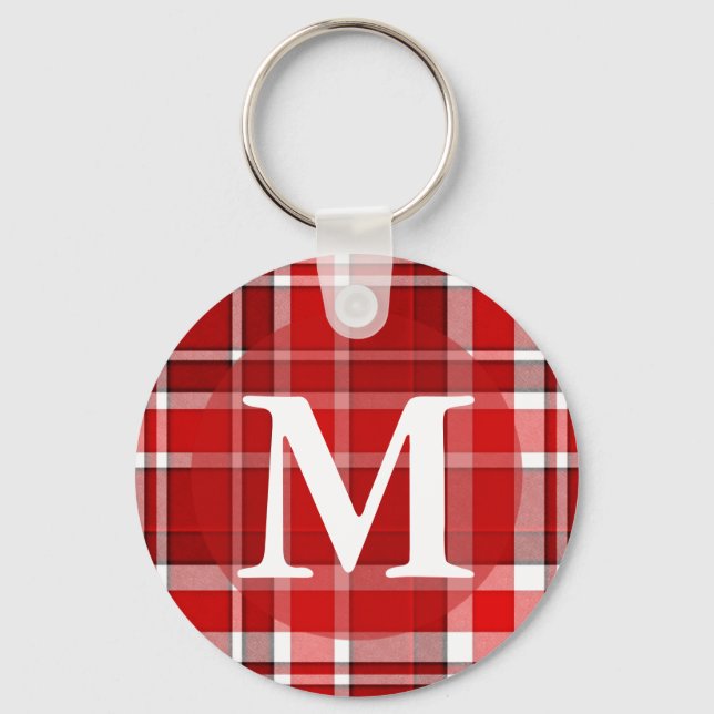 Red White Plaid Tartan Monogram Key Ring (Front)