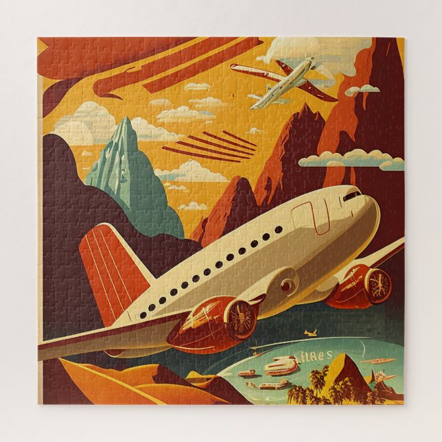 Red & White Plane Vintage Travel Art Puzzle (Vertical)