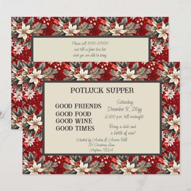 Red White Poinsettia Christmas POT LUCK Supper Invitation (Front/Back)