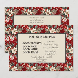 Red White Poinsettia Christmas POT LUCK Supper Invitation