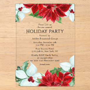 Red White Poinsettia Corporate Holiday Party Acrylic Invitations