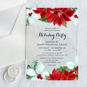Red White Poinsettia Corporate Holiday Party Acrylic Invitations