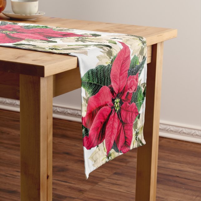 Red & White Poinsettia Holiday Table Runner (In Situ)