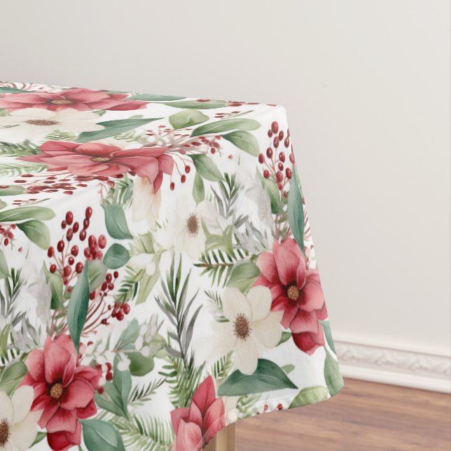 Red White Poinsettia Red Berry Pattern Christmas Tablecloth (In Situ)