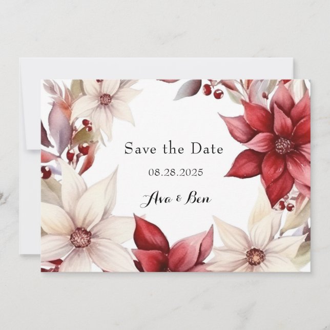 Red White Poinsettia Wedding Save the Date Cards (Front)