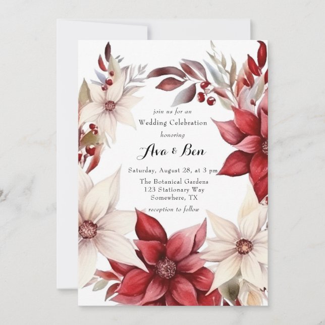 Red White Poinsettia Wreath Wedding Celebration Invitation (Front)