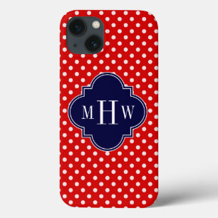 Red White Polka Dot Navy Quatrefoil 3 Monogram iPhone 13 Case