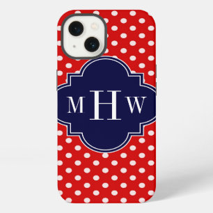 Red White Polka Dot Navy Quatrefoil 3 Monogram iPhone 13 Case