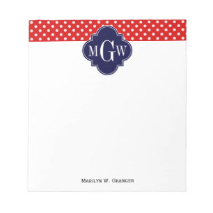Red White Polka Dot Navy Quatrefoil 3 Monogram Notepad