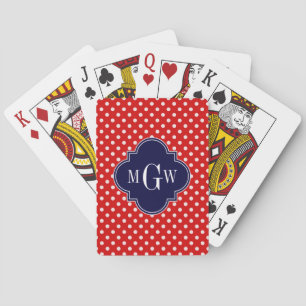 Red White Polka Dot Navy Quatrefoil 3 Monogram Playing Cards