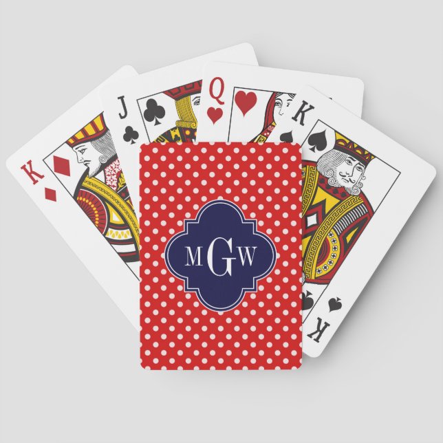 Red White Polka Dot Navy Quatrefoil 3 Monogram Playing Cards (Back)