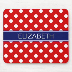 Red White Polka Dots #2 Navy Name Monogram Mouse Mat