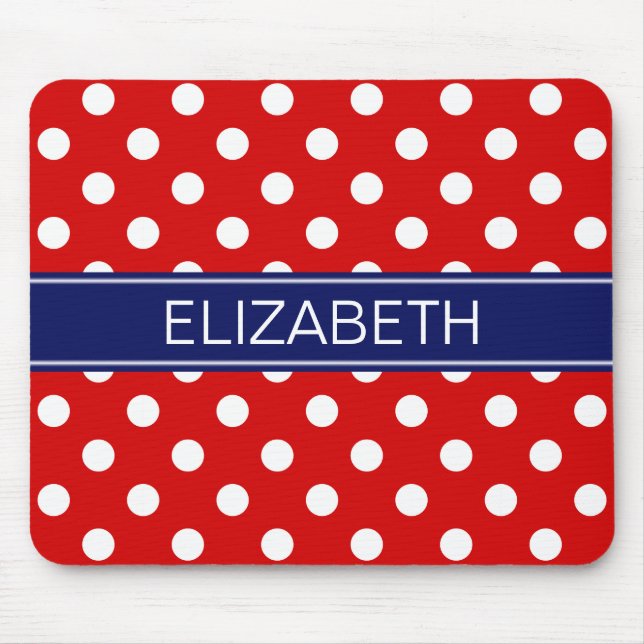Red White Polka Dots #2 Navy Name Monogram Mouse Mat (Front)