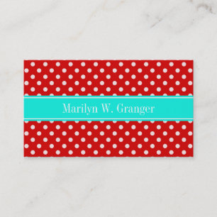 Red White Polka Dots Bright Aqua Name Monogram Business Card