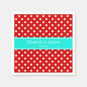 Red White Polka Dots Bright Aqua Name Monogram Napkin