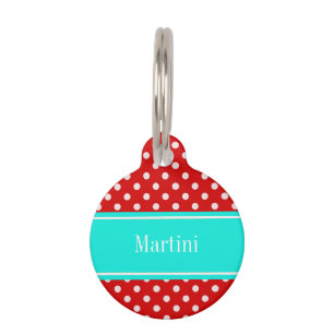 Red White Polka Dots Bright Aqua Name Monogram Pet Tag