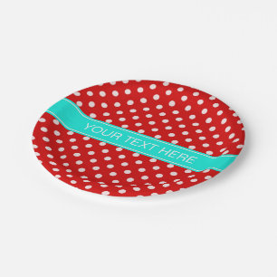 Red White Polka Dots Bright Aqua Ribbon Monogram Paper Plate