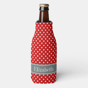 Red White Polka Dots Charcoal Ribbon Monogram Bottle Cooler