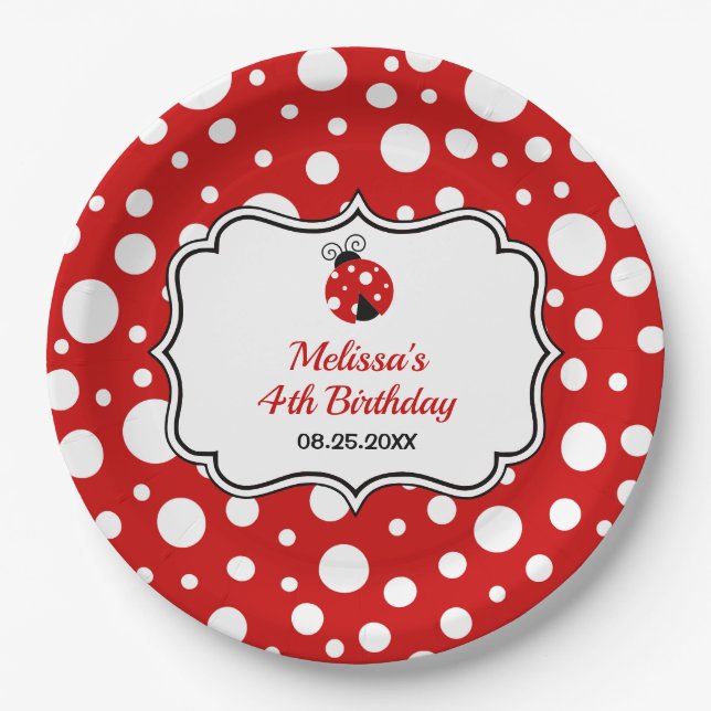 Red White Polka Dots Ladybug Frame Kids Birthday  Paper Plate (Front)