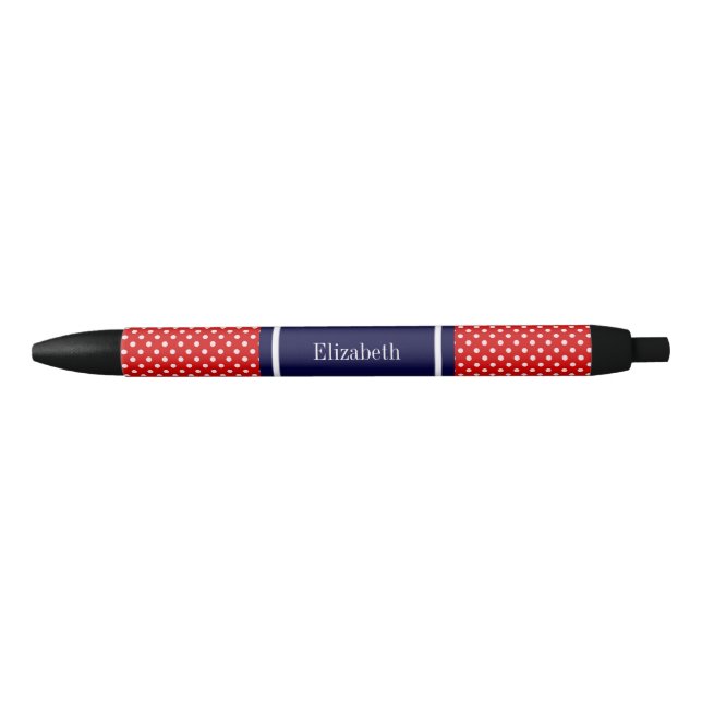 Red White Polka Dots Navy Blue Ribbon Monogram Black Ink Pen (Front)