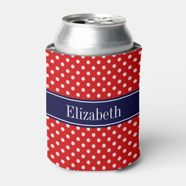 Red White Polka Dots Navy Blue Ribbon Monogram Can Cooler (Can Front)