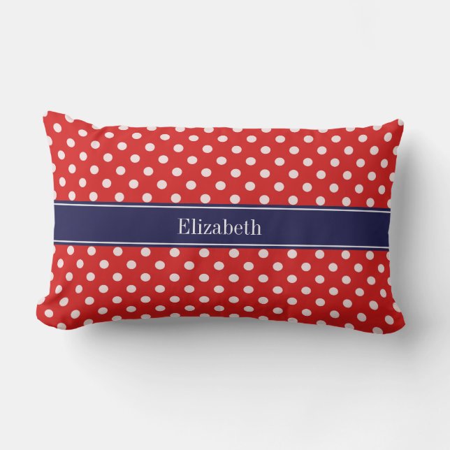 Red White Polka Dots Navy Blue Ribbon Monogram Lumbar Cushion (Front)