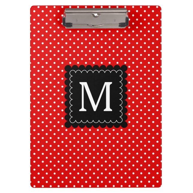 Red White Polka Dots Pattern Black Monogram Design Clipboard (Front)