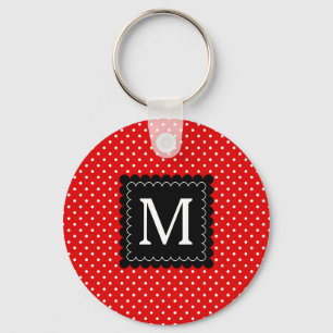 Red White Polka Dots Pattern Black Monogram Design Key Ring