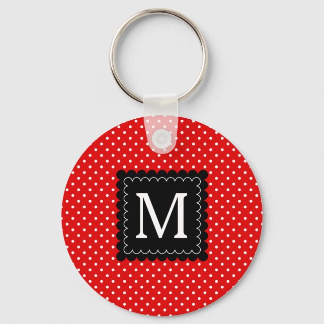 Red White Polka Dots Pattern Black Monogram Design Key Ring (Front)