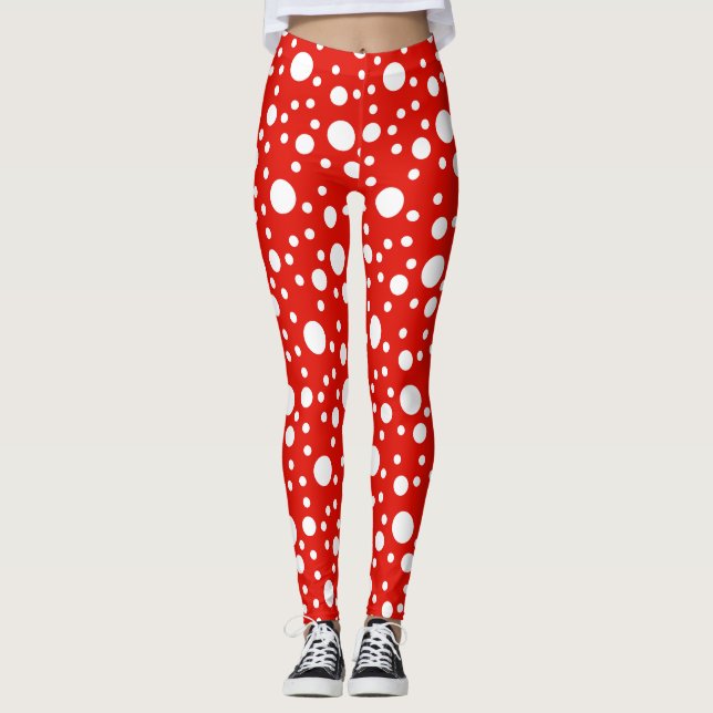 Red White Polka Dots Spot Leggings (Front)