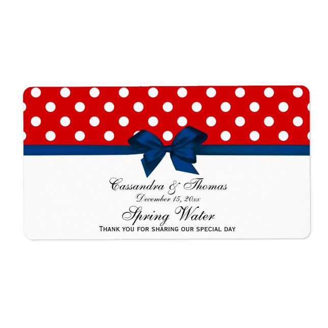 Red, White Polka Dots Water Label, Navy Bow (Front)