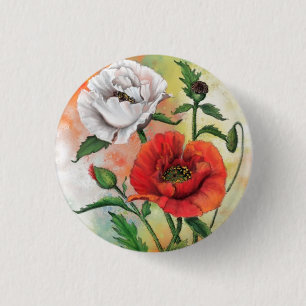 Red White Poppies Button - Painting