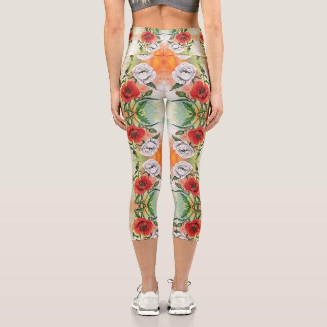 Red White Poppies Capri Leggings (Back)