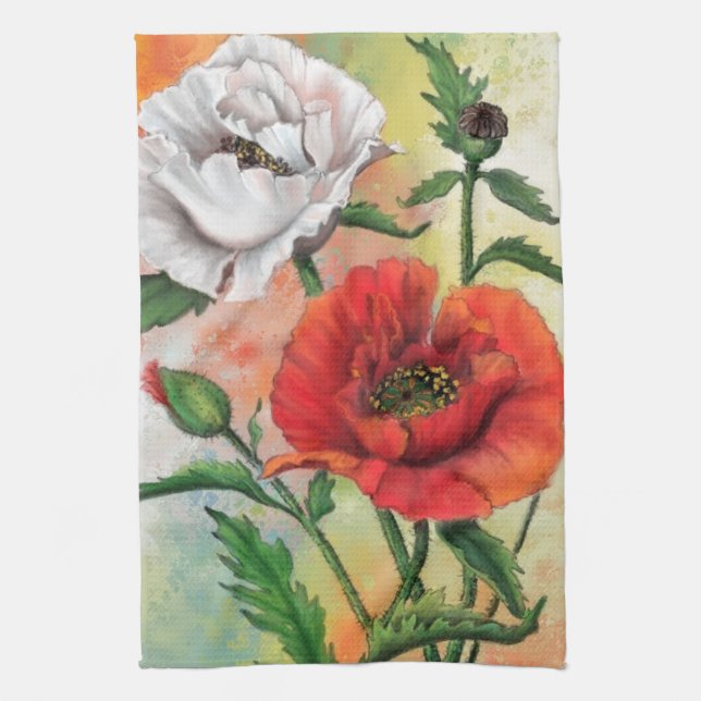 Red White Poppies Kitchen Towel Poppy Flowers (Vertical)