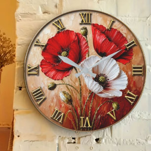 Red & White Poppy Elegant Botanical Floral Art Large Clock