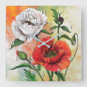 Red White Poppy Wall Clock - Painting