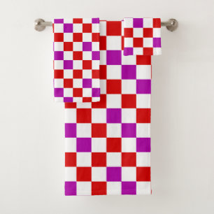 Red White Purple Chequered Pattern Design Bath Towel Set