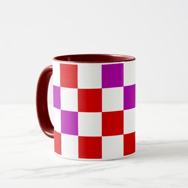 Red White Purple Chequered Pattern Design  Mug (Front Left)